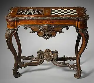 An early games table desk (Germany, 1735) featuring chess/checkers (right) and nine men's morris (left)
