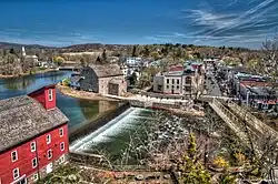 At 69.6&nbsp;mi (112.0&nbsp;km) in length, Raritan River is the longest river entirely within New Jersey, flowing from Raritan Valley near Clinton (above), eastward to Raritan Bay and the Atlantic Ocean.