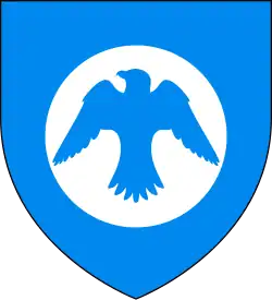 A coat of arms showing a white falcon flying out of a white moon on a sky blue field