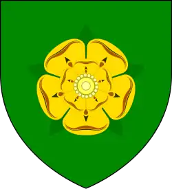A coat of arms showing a golden rose with five petals on a green field