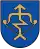 A coat of arms depicting a golden arrow with a zig-zag in the middle of it pulled back on a golden bow all on a blue background