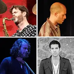 A collage of four photos of musicians performing. The top left is a bearded man playing a saxophone; the top right is a side profile of a man at a piano; the bottom left is a bearded man with long hair playing a bass guitar; the bottom right is a black and white headshot of a younger man.