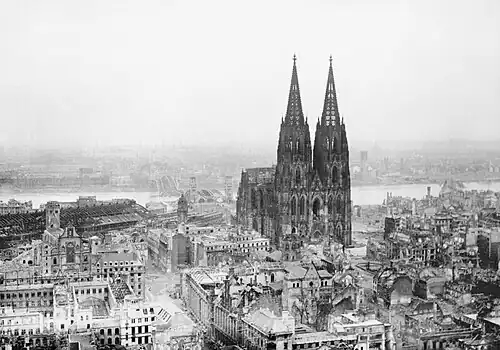 The cathedral amidst the destruction caused by Allied air raids, 9 March 1945