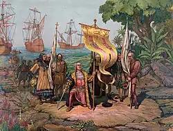 Image of Christopher Columbus' arrival to the Caribbean Islands.