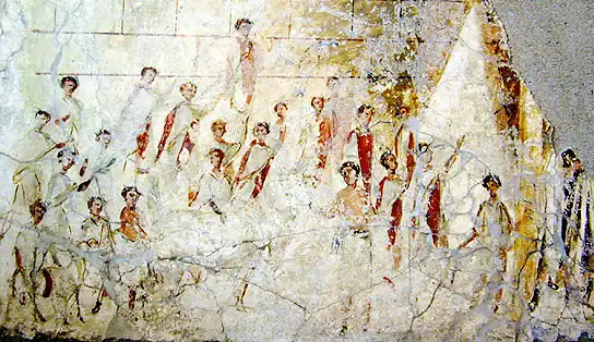 Roman men wearing togae praetextae with reddish-purple stripes during a religious procession (1st&nbsp;century&nbsp;BC)
