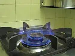 Close-up image of a natural gas burner on a stove showing the characteristic blue hue of a natural gas flame.