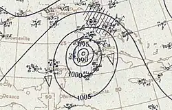 A weather map focused on the eastern Gulf of Mexico depicting a storm system on the north shore of Cuba. The storm is denoted by the word "LOW" surrounded by numerous circular lines known as isobars.