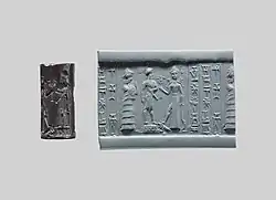 Ancient Babylonian cylinder seal showing devotee presented to Ishtar by goddess Lamma