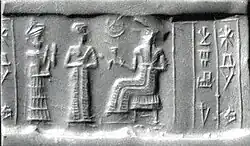 Cylinder seal and modern impression. Presentation scene, c. 2000–1750 BC. Isin-Larsa