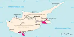 Location of Akrotiri (southwest) and Dhekelia (southeast) in deep pink on Cyprus