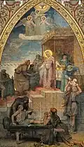 Ste. Clotilde, with a golden crown and halo, reaches into the treasury to give to the poor, as angels, floating on clouds above, play music
