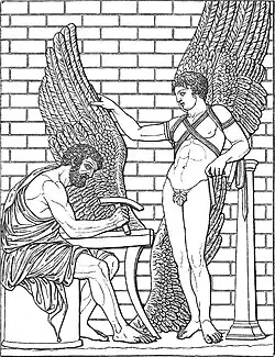 Daedalus constructs wings for his son, Icarus, after a Roman relief in the Villa Albani, Rome (Meyers Konversationslexikon, 1890)