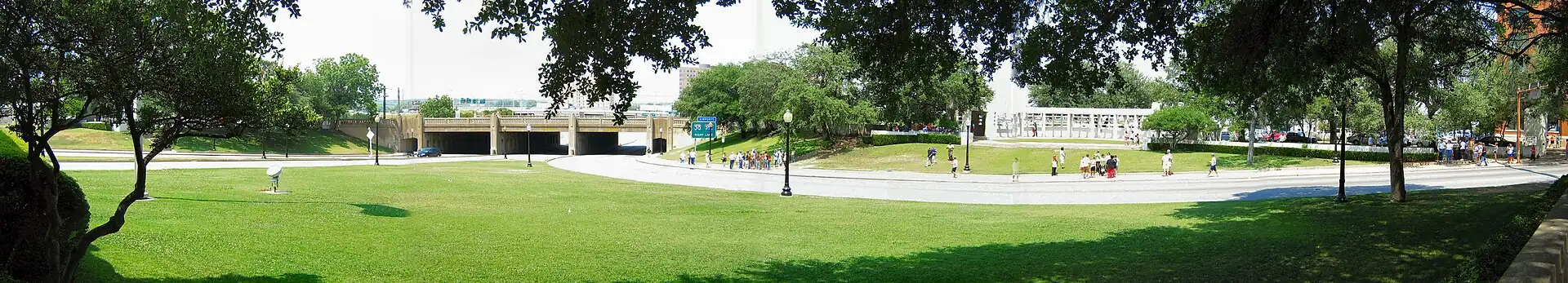 A panoramic view of Dealey Plaza, Dallas, Texas, the location where President John F. Kennedy was assassinated on November 22, 1963.