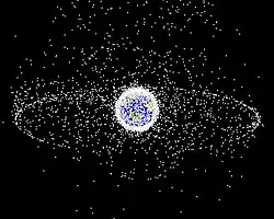 Earth from space, surrounded by small white dots