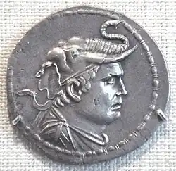 Obverse of a coin of Demetrius I of Bactria, who reigned circa 200–180 BCE and invaded Northern India