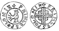 A coin depicting a crowned bird on the one side, and a cross on the other side