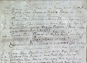 A monochrome image of a piece of paper with several handwritten entries, with the details organised in columns.