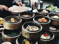 An assortment of items in a Dim Sum breakfast meal