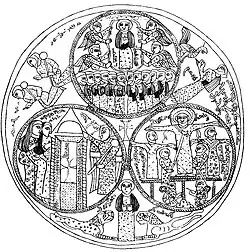 The Grigorovskoye Plate: Paten with biblical scenes in medallions, counterclockwise from bottom left: women at the empty tomb, the crucifixion, and the Ascension. Semirechye, 9th–10th century.[63]