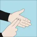 How much air do you have left?: One hand held flat, palm up, while index and middle finger of the other hand are placed on the palm.[41]
