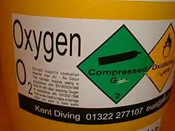 The white adhesive plastic label displays the gas name, Oxygen, and the chemical symbol O2 with a block of small text on the left side describing the hazards of the contents, then a green diamond symbol for compressed gas and a yellow diamond for oxidising agent.