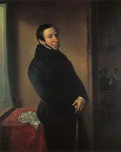 painting of prosperous-looking man in fur-collared black coat