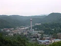 Photograph of Gatlinburg with the Great Smoky Mountains in the background