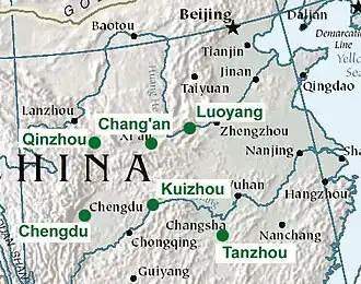 Map of eastern interior Chinese cities of Luoyang, Chang'an, Qinzhou, Chengdu, Kuizhou, and Tanzhou