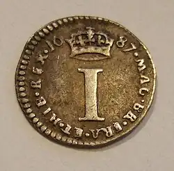 Reverse of a 1687 circulation penny, often deemed a Maundy penny.