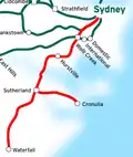 Map of the Illawarra and Cronulla lines (in red)