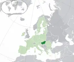 Location of Hungary (dark green) – in Europe (green & dark grey) – in the European Union (green)