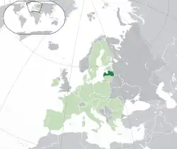 Location of&nbsp;Latvia&nbsp;(dark green) –&nbsp;in Europe&nbsp;(green &&nbsp;dark grey) –&nbsp;in the European Union&nbsp;(green)&nbsp; –&nbsp; [Legend]