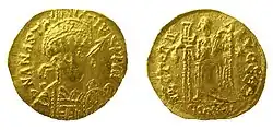 Colour photograph of a copy of a Roman solidus