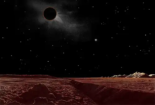Painting of view from Moon's surface. The Earth is eclipsing the Sun in the lunar sky.