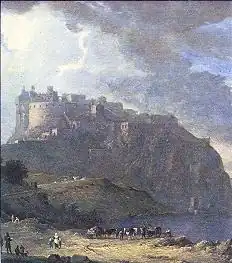 Painting of the castle under a stormy sky