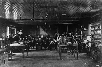 A dark, staged group photo in black and white. All the subjects are dressed in typical 19th century work attire standing or sitting in the background. The low wood-paneled ceiling has several pipes going in and out with light-blubs affixed in pairs on the ends of the pipes. Tables are in the center with a variety of laboratory equipment.