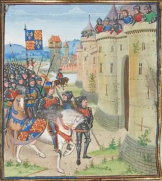 A colourful, Medieval depiction of an English army deploying outside a walled town