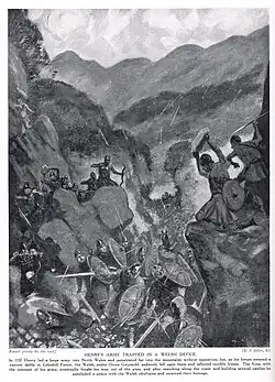a 1920 sketch entitled "Henry's army trapped in a Welsh defile" by Edward Frank Gillett, showing Norman forces sustaining heavy losses by Welsh troops.