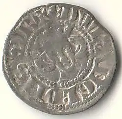 A faded silver coin with an indistinct king's head in the centre with long hair, surrounded by faded writing.
