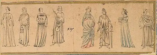 Eight Figures in European Attire, Jalayirid drawing in European style. Baghdad or Tabriz, c. 1370. Saray Album H.2153.[94]