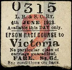 Second class return part of the ticket, for Epsom to Victoria, number 0315, dated 4 June 1913