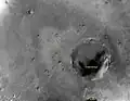 Annotated image showing the position of Opportunity on March 7, 2009, and names for the craters Iazu, Endeavour, and Victoria.