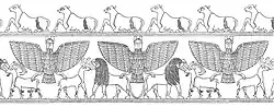 Detail on the En-temena vase - the stags here likely represent Ninhursag, with the lions greeting them in a friendly way by licking their cheeks, rather than attacking them.[73]