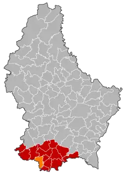 Map of Luxembourg with Esch-sur-Alzette highlighted in orange, and the canton in dark red