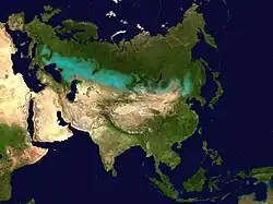The Kazakh Steppe is part of the Eurasian Steppe Belt (in   on the map).