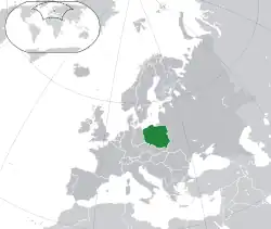 Location of Poland (green) in Cold War-era Europe (darker gray)