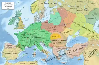 Colour-coded map of Europe in 814