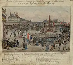 The execution of Couthon; the body of Adrien Nicolas Gobeau, ex-substitute of the public accuser Fouquier and member of the Commune, the first who suffered, is shown lying on the ground; Robespierre (#10) is shown holding a handkerchief to his mouth. Hanriot (#9) is covering his eye.