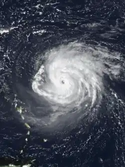 A view of Hurricane Fabian from Space on September 1, 2003. The intense Category 4 storm is located about 190 miles north-northeast of Barbuda. The storm's eye, visible at the center of the image, is over the open waters of the Atlantic Ocean.