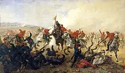 Cavalry wielding sabres fight men with guns on foot